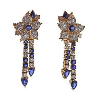 18K Gold Diamond Sapphire Flower Drop Earrings