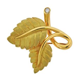 Tiffany &amp; Co 18K Gold Diamond Leaf Motif Brooch Pin