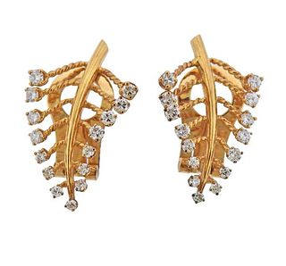 Marianne Ostier 18K Gold Diamond Leaf Motif Earrings