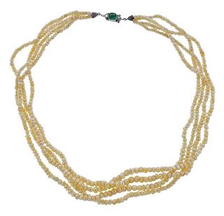 Art Deco Platinum Diamond Emerald Pearl Necklace