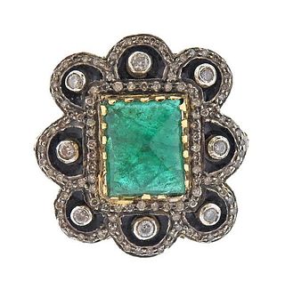 18K Gold Diamond Emerald Enamel Cocktail Ring 