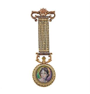 Antiqu 14k Gold Diamond Miniature Portrait Lapel Watch 