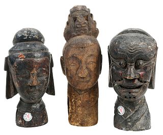 Three Asian Carved Wood Puppet Heads