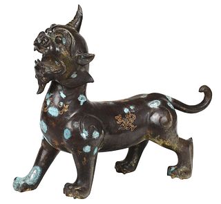 Chinese Bronze Inlaid Foo Dog with Horn