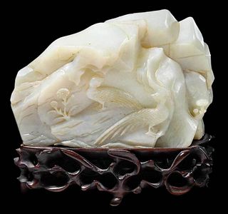 Chinese Carved Jade Boulder and Wood Stand