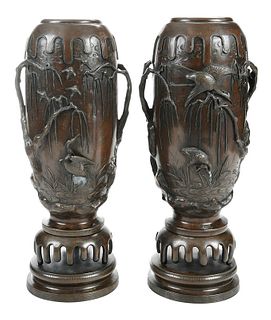 Pair Japanese Patinated Bronze Vases on Stands