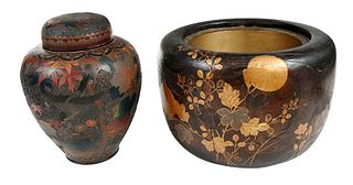 Japanese Carved Wood Hibachi and Cloisonne Jar