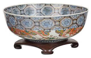 Japanese Imari Punch Bowl With Wooden Stand