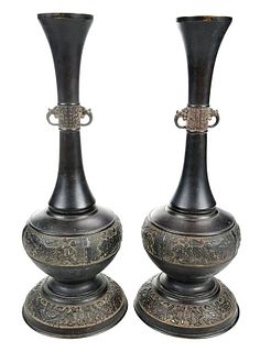 Pair of Japan Bronze Urn Form Candlesticks