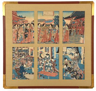 Two Framed Japanese Woodblock Triptychs