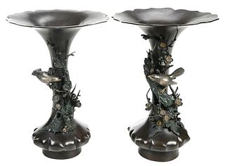 Pair Japanese Bronze Trumpet Form Vases