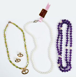Two Gemstone Necklaces and Faux Pearl Necklace