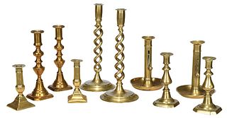 Five Pairs of Brass Candlesticks