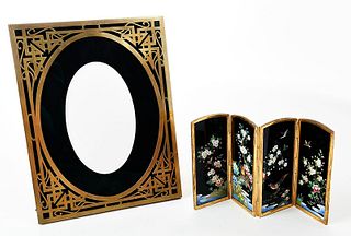Miniature Cloisonne Screen with Brass Frame