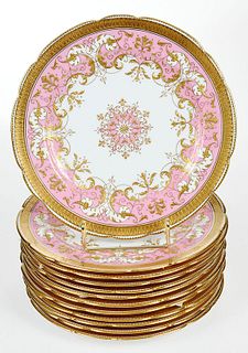 12 Mintons Pink and Raised Gilt Dessert Plates