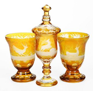 Three Etched Amber Bohemian Glass Table Items