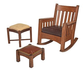 Harden Oak Rocking Chair, Two Footstools