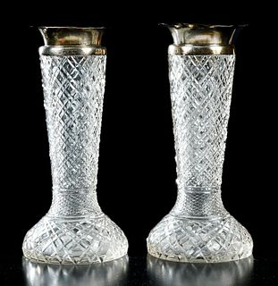 Pair Cut Glass Vases with Silver Rims