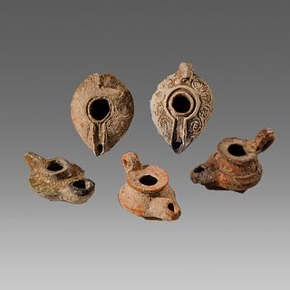 Lot of 5 Ancient Roman, Byzantine Terracotta Oil Lamps c.2nd-6th century AD.