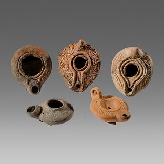 Lot of 5 Ancient Roman, Byzantine Terracotta Oil Lamps c.1st-4th century AD. 