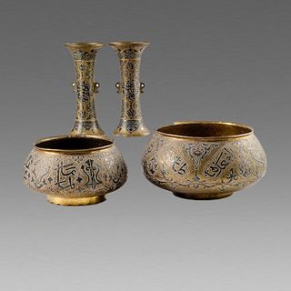 Lot of 4 Syrian Mamluk Revival Silver Inlaid Bowls and Vases c.late 19th century.