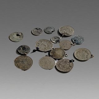 Lot of 14 silver Middle Eastern Silver coins part of necklace. 