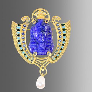 Egyptian Revival Gold Brooch with Lapis Lazuli Bust of pharaoh. 