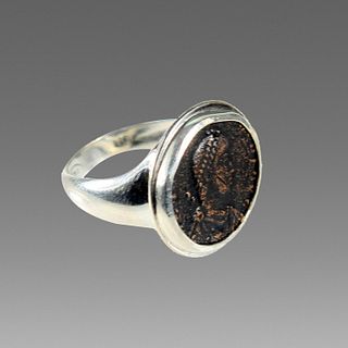 Ancient Roman Bronze Coin Set in Silver Ring. 