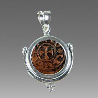 Ancient Armenia Bronze Coin Set in Silver Pendant. 