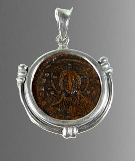 Ancient Byzantine Bronze Coin With Christ c.976 AD, set in a Silver Pendant.