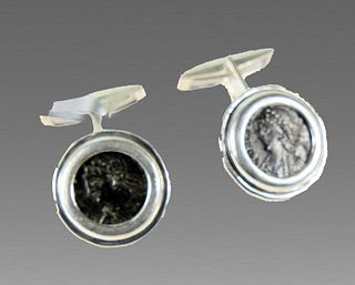 Ancient Roman Bronze Coin Set in Silver Cufflinks. 
