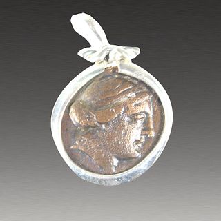 Ancient Greek Bronze Coin Kyme 250 BC, set in Silver pendant. 
