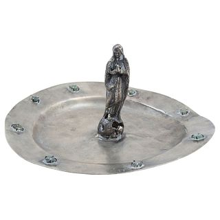 Alms Dish, Mexico, 19th century, Silver, With figure of the Virgin of the Immaculate Conception and details on edge