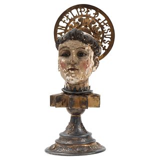 Head of Saint on Base, Mexico, 18th-20th century, Stucco and polychrome wood carving, gilt-silver base