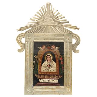 Our Lady of Charity, 19th century, Oil on sheet, Silver metal frame, embossing and punching.