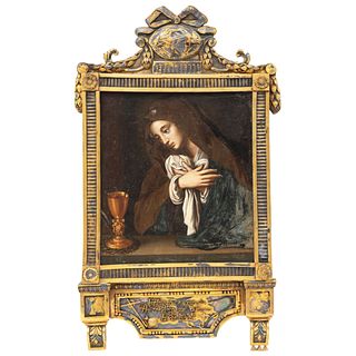 Our Lady of Solitude, Mexico, 19th century, Oil on copper sheet, Low-grade gilt and laminated silver frame.