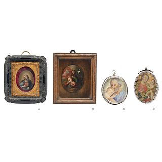 Lot of Four Reliquaries, Mexico, 19th-20th centuries, Oil paintings on canvas and sheet and watercolor on cardboard