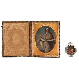 Pair of Reliquaries, Mexico, 19th century, Oil on canvas and copper sheets