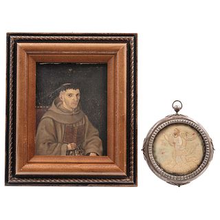 Lot of Reliquary and Portrait of Monk, Mexico, 19th century, Oil on sheet and embroidery.