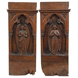 Pair of Reliefs with Angels, Mexico, 20th century, Inked and carved wood