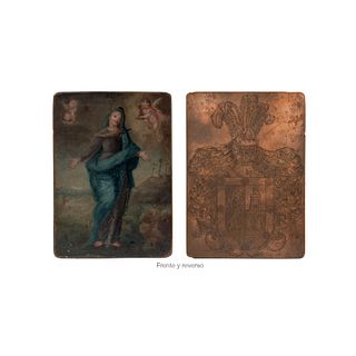 Our Lady of Sorrows and Plaque for Engraving, Mexico, 19th century, Oil on copper sheet, Plaque for engraving on back