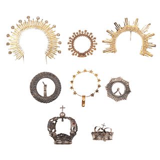 Lot of Aureolas and Crowns for Religious Figures, Mexico, 19th century, Silver and gold metal, 8 pieces