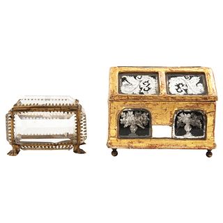 Pair of Boxes, Mexico, 20th century, Gilded wood, metal and glass (beveled and enameled), One includes key.
