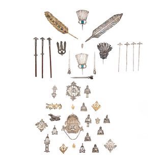 Lot of Fragments and Accesories for Religious Figures, Mexico, 19th century, Silver and gold metal with some simulants, 32 pieces