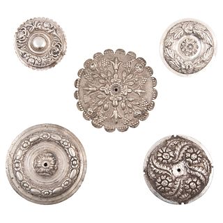 Lot of Finials, Mexico, Ca. 1900, Silver metal, Five chiseled and embossed circular finials