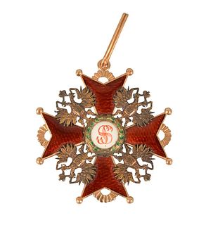 Russian Imperial Gold Enameled Order of Saint Stanislaus Medal, cross design with embellished burgundy red enamel, center porcelain ...