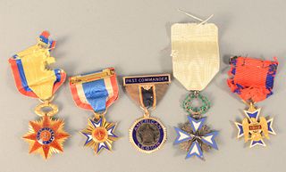 Group of Five Enameled Medals to include 14K gold American Legion; blue and white enameled cross; "Loyal Legion, Regit Arma Tuentur"...
