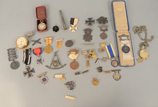 Tray Lot of Medals to include military medals, 1914 cross medal, buttons, mason's medal presented by Howard Lodge to WPM John Morgan...