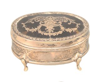 Mappin & Webb English Silver Dresser Box having tortoise shell lid with inlaid silver decoration opening to lined interior, leather ...