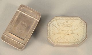 Two Small Silver Boxes, to include silver snuff box having mother of pearl covered bottom along with silver box having lift top open...